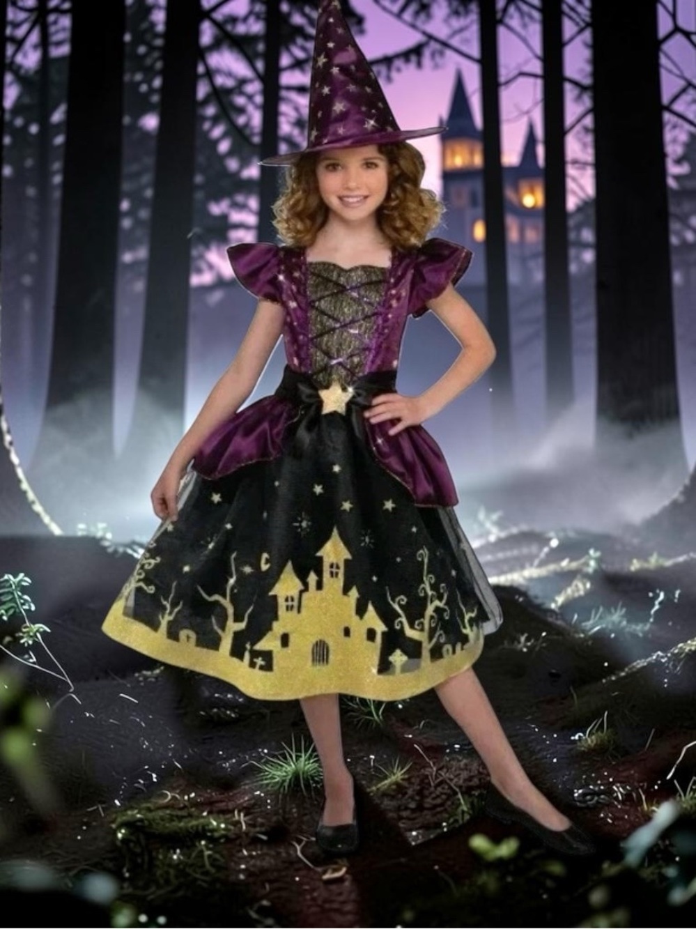 Girls Purple & Black Halloween Witch Costume with Gold Castle Design